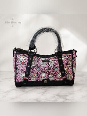 Ed Hardy Pink Leopard Skull Satchel Tattoo Print Handbag Y2K Nwt